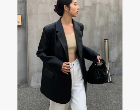 NEVA HU黑色西装皮衣外套女2023新...