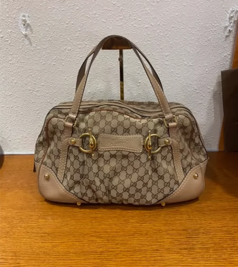 中古Gucci古驰拼色老花手提包，容量大短...