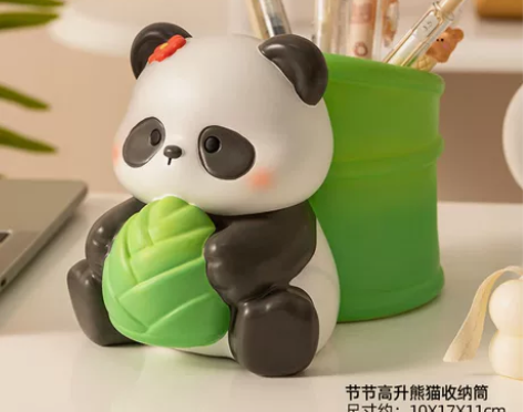 熊猫笔筒收纳摆件节节高升办公室书房学生桌面...