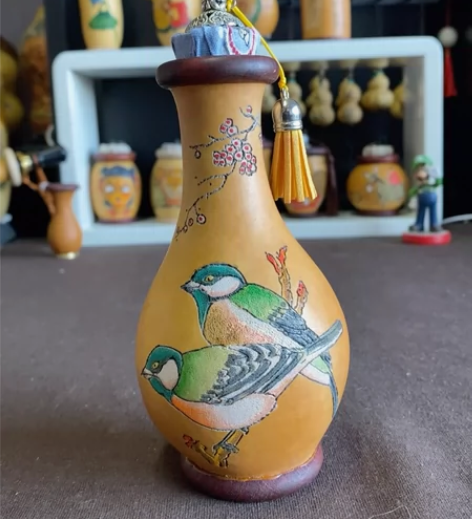 #八宝葫芦 手工精品墨刻针刺彩绘葫芦小花瓶...