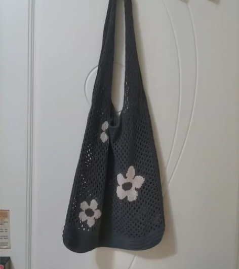 针织网兜单肩包中灰色花朵 老鼠灰,宽30。...