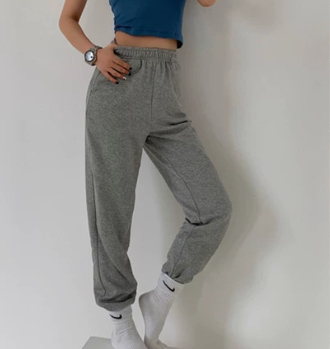 街头九分裤高腰宽松灰色纯色运动休闲哈伦裤子...
