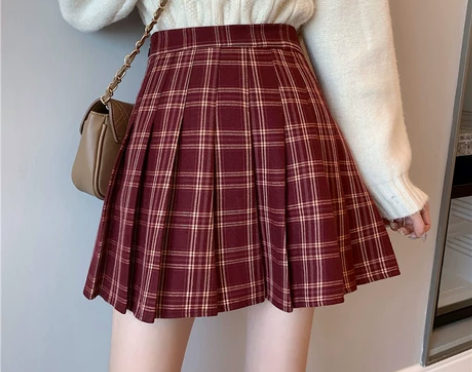百褶裙女秋冬季高腰a字显瘦大码格子半身裙子...