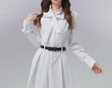 椰子壳椰 气质衬衫长袖蝴蝶结百褶连衣裙