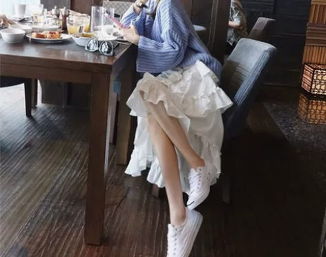 2022春季韩国高腰中长款不规则蛋糕半身裙...