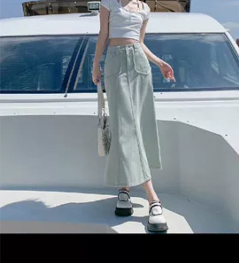 鱼尾牛仔半身裙女春秋复古高腰显瘦A字包臀裙...