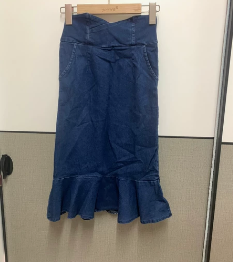 全新牛仔半身裙女设计感高腰a字裙荷叶边中长...