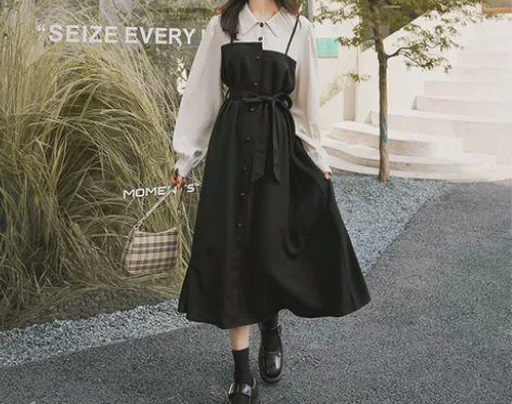 法式赫本风连衣裙女2023春秋不规则假两件...