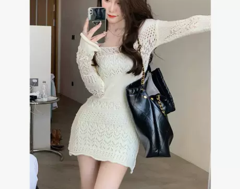 白色针织镂空连衣裙女秋季高级感纯欲风性感短...