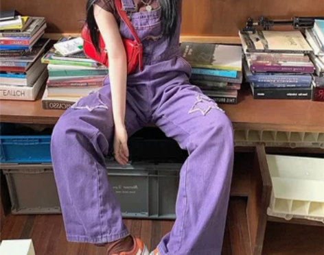 美式街头紫色牛仔背带裤女秋季嘻哈高腰减龄直...