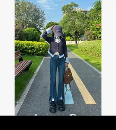 【王家有鱼】小个子秋冬新款显瘦微喇牛仔开叉...