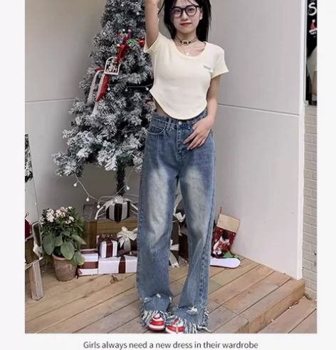 橘子树在哪儿港味复古破洞毛边牛仔裤女202...