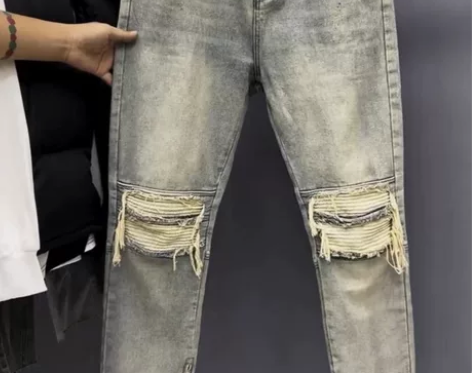 春秋季新款做旧松紧腰水洗破洞牛仔裤直筒裤韩...