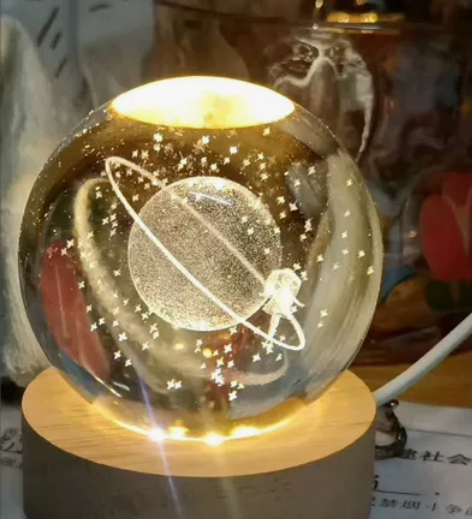 发光3d内雕水晶球小夜灯 实木底座 文艺摆...