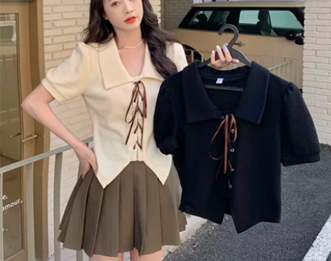 大码小众绑带短袖衬衫女夏秋新款胖妹妹宽松遮...