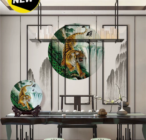 生肖老虎摆件挂盘装饰中式客厅玄关办公室摆件...