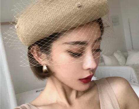 贝雷帽女春夏优雅网纱蓓蕾帽文艺复古日系画家...