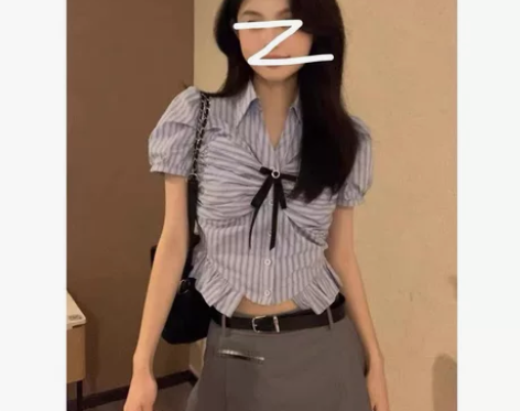 原创泡泡袖短袖学院风衬衫小众设计感蝴蝶结上...