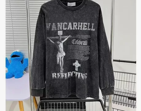 美式复古高街洗水做旧长袖T恤男潮牌情侣欧美...