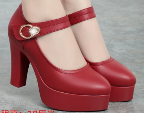 真皮超高跟防水台圆头红色秀禾鞋婚礼妈妈鞋配...