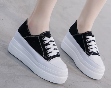 网红厚底帆布鞋女春季新款真皮百搭内增高女鞋...