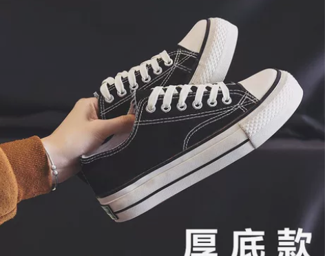 厚底增高帆布鞋女款韩版学生低帮防滑百搭黑色...