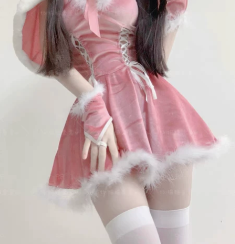 猫猫祟祟～圣诞小兔粉色丝绒套装 新年性感女...