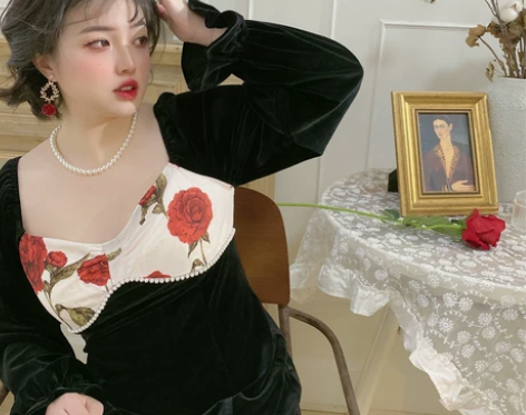 现货闪发！绝美~大码胖mm法式重工珍珠丝绒...