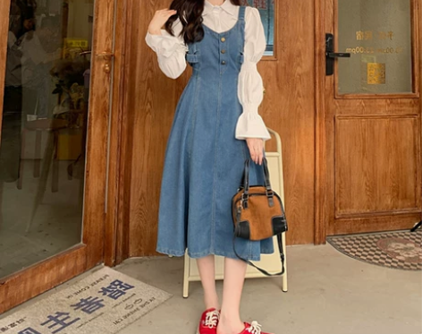 大码女装牛仔背带裙套装胖mm收腰绑带连衣裙...