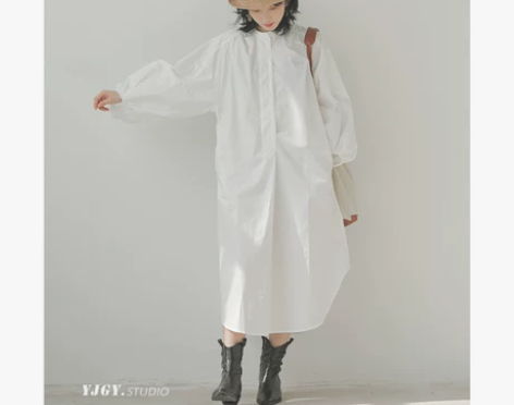 印计谷羽 春装设计感小众显瘦灯笼袖连衣裙日...