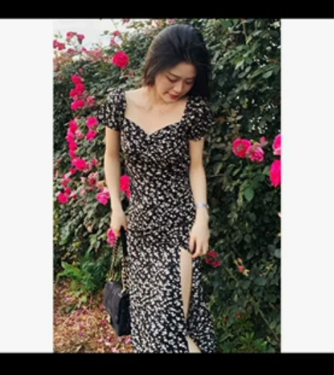 法式桔梗盛夏连衣裙 黑底碎花M 抖音购入