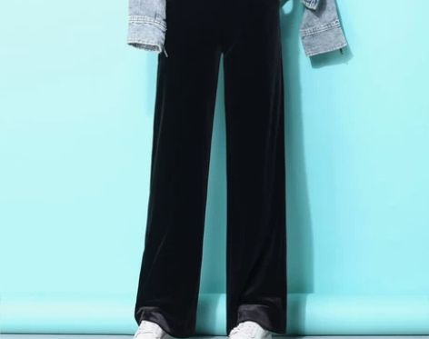 坠感金丝绒阔腿裤（薄款，蓝黑色）女高腰宽松...