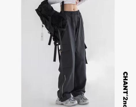 美式复古口袋工装裤子男女夏季高腰宽松阔腿长...