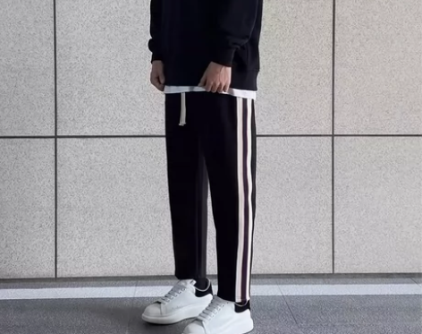 王源同款侧边织带条纹直筒弹力长裤运动夏秋休...