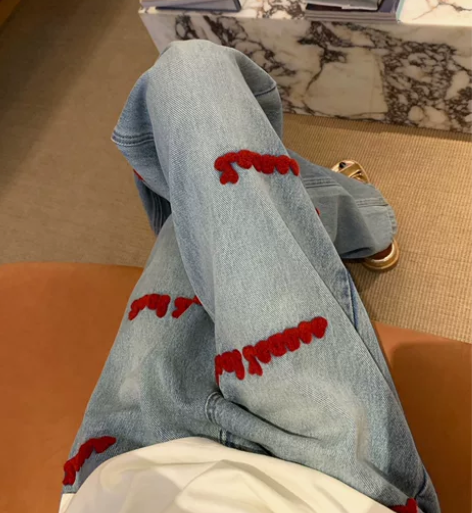 美式复古高腰刺绣牛仔裤女秋冬新款胖妹妹mm...