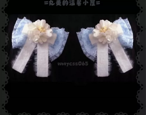 定制奶蓝Lolita蕾丝花朵毛绒蝴蝶结发夹...