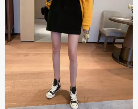 秋冬，复古灯芯绒半身裙，高腰显瘦A字裙，黑...