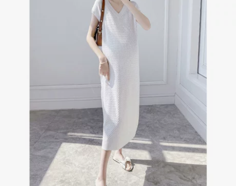 孕妇装连衣裙夏季复古文艺风V领针织裙子夏天...