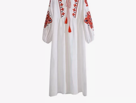 旅游拍照长裙 民族风刺绣连衣裙女宽松灯笼袖...