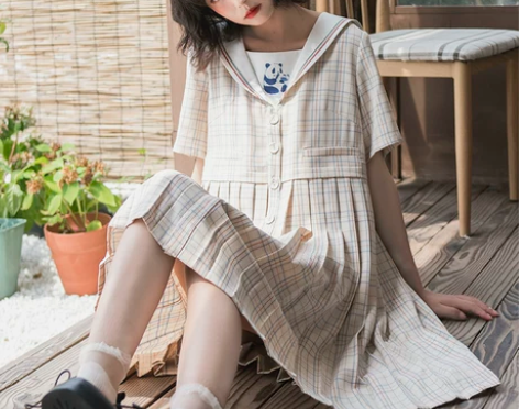 ?小葱良裁原创设计可爱熊猫格子连衣裙女夏日...