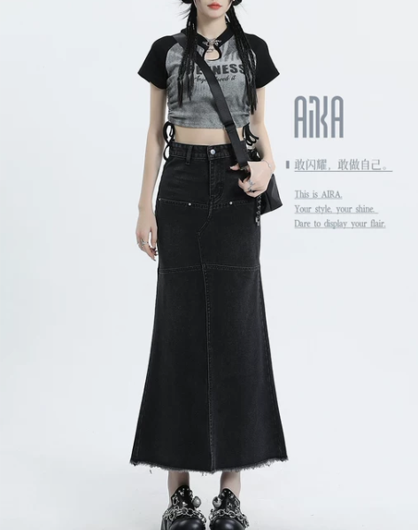 ?牛仔裙女小个子鱼尾裙春季新款长裙a字裙高...