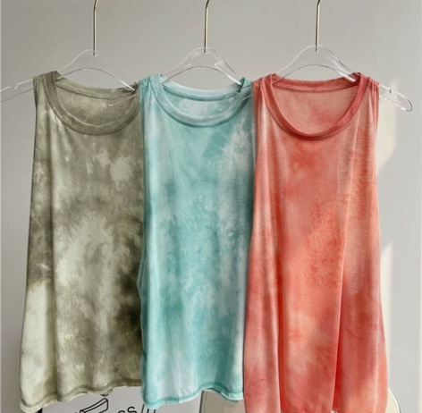 运动背心女宽松圆领扎染瑜伽无袖上衣速干t恤...