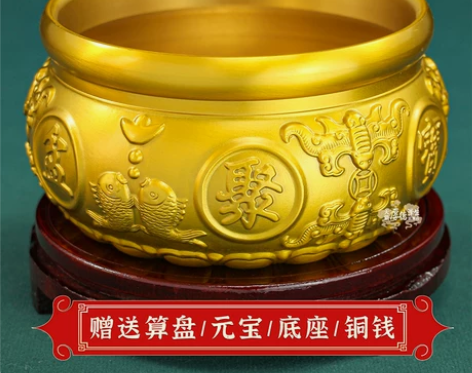 铜八福聚宝盆中式家居实心黄铜米缸摆件装饰品...