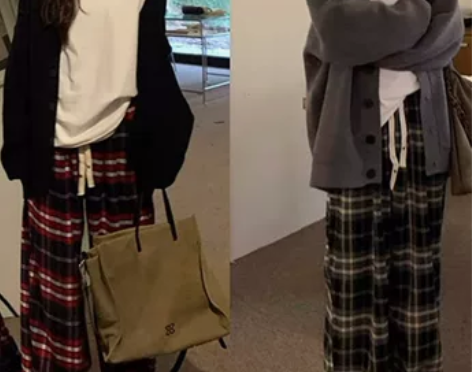 家荒荒抽绳格子休闲裤女2023秋季新款复古...