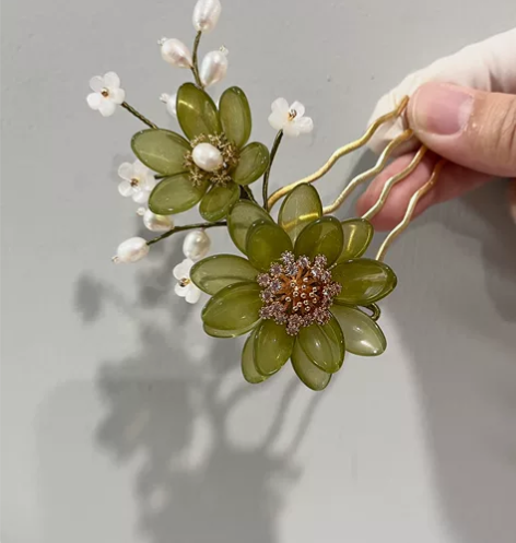 仿碧玉菊花琉璃珍珠发簪发钗发梳发簪古风头饰...