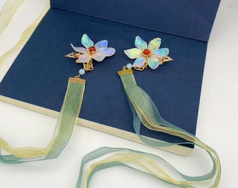 耀如春华 渐变花发夹飘带 原创汉服头饰绢纱...