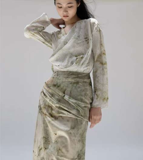 脏染效果数码印花立体裁剪女神套装 修身气场...