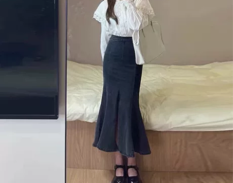 黑色牛仔半身裙女秋季小个子高腰显瘦中长款a...