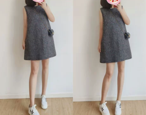 秋冬新款女深灰色彩点人字呢简约气质连衣裙显...