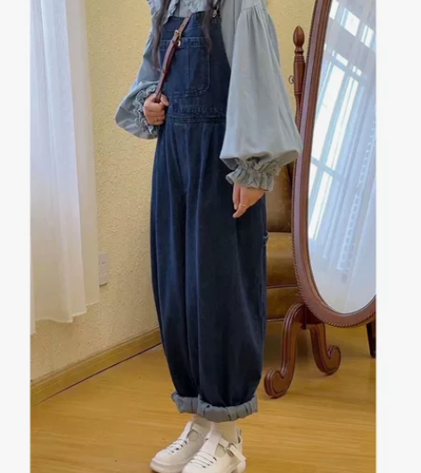 全新【盐系软妹】森女系大口袋可调节宽松牛仔...